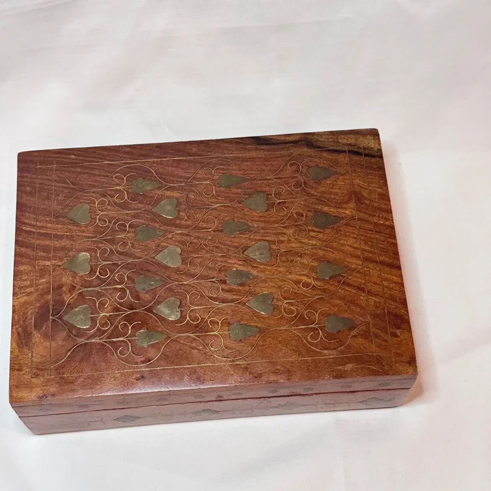 Vintage Wood Brass Inlay Jewelry Box Heart Boho Folk Art 7x5x2